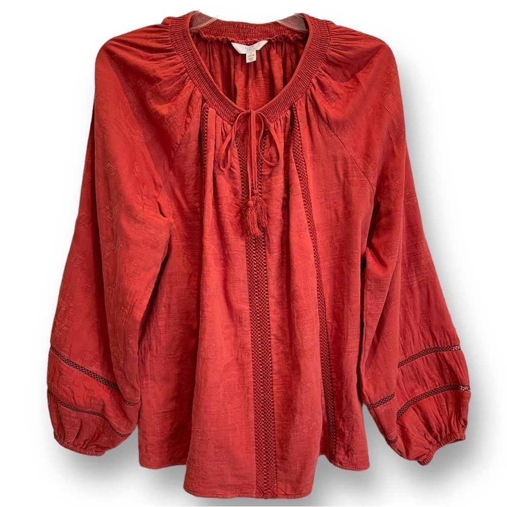 Time & Tru Top L (12-14) color-Spiced Cider Peasant-Style Long Sleeve BoHo Top